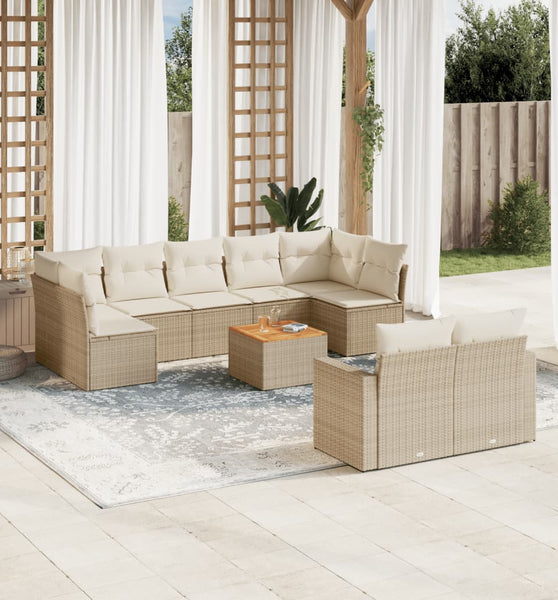 10-tlg. Garten-Sofagarnitur mit Kissen Beige Poly Rattan