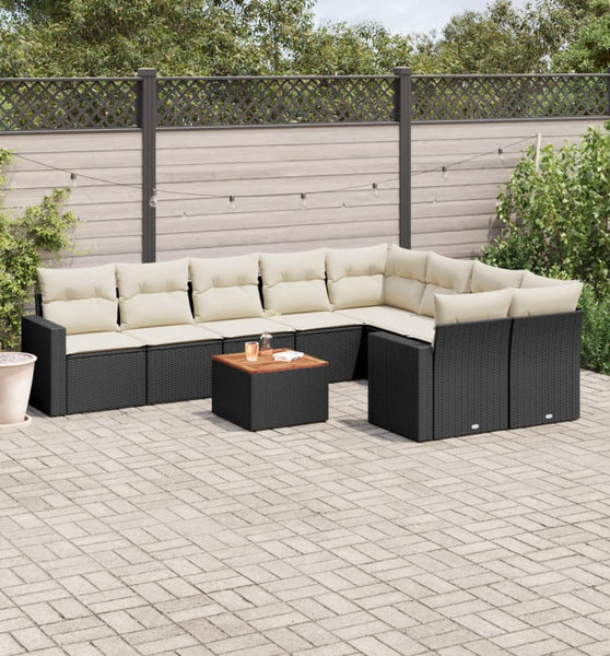 10-tlg. Garten-Sofagarnitur mit Kissen Schwarz Poly Rattan