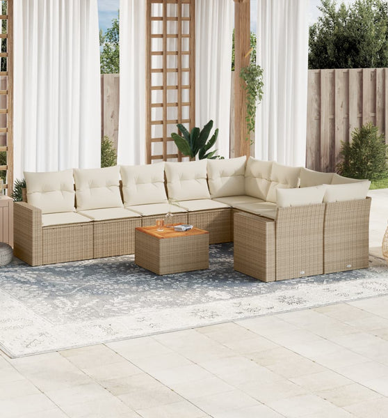 10-tlg. Garten-Sofagarnitur mit Kissen Beige Poly Rattan