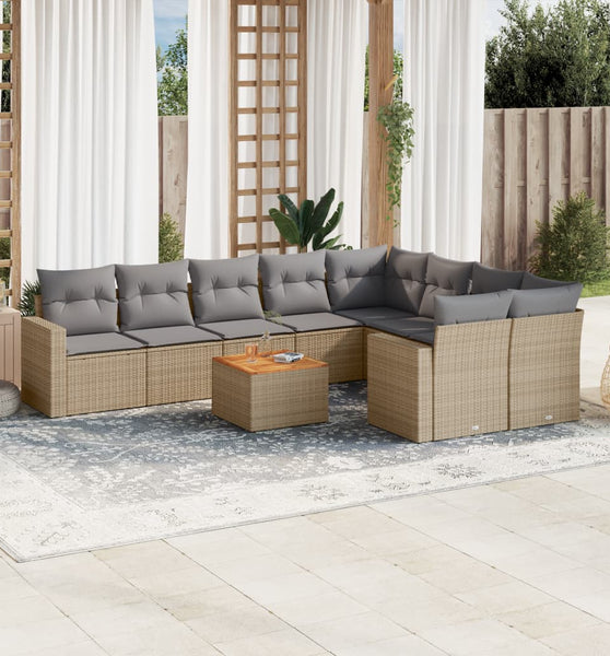 10-tlg. Garten-Sofagarnitur mit Kissen Beige Poly Rattan