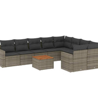 10-tlg. Garten-Sofagarnitur mit Kissen Grau Poly Rattan