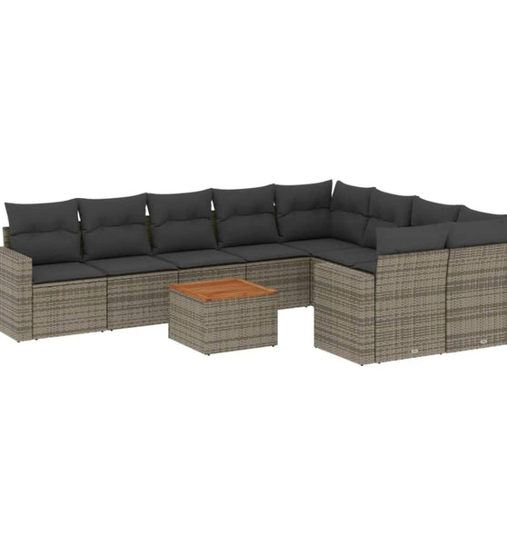 10-tlg. Garten-Sofagarnitur mit Kissen Grau Poly Rattan