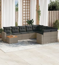 10-tlg. Garten-Sofagarnitur mit Kissen Grau Poly Rattan