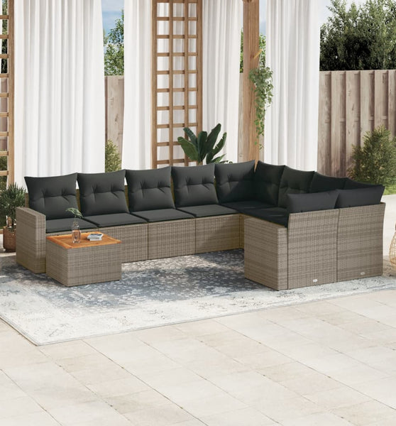 10-tlg. Garten-Sofagarnitur mit Kissen Grau Poly Rattan