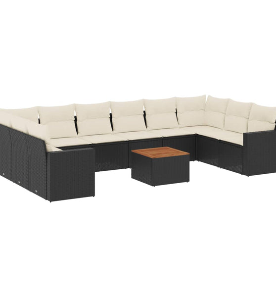 11-tlg. Garten-Sofagarnitur mit Kissen Schwarz Poly Rattan