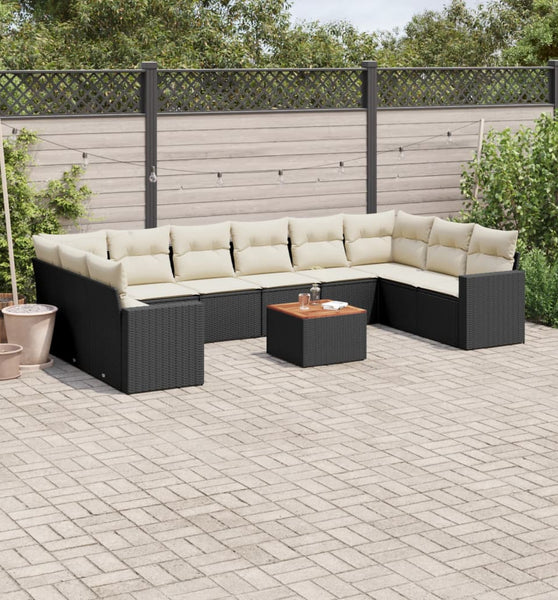 11-tlg. Garten-Sofagarnitur mit Kissen Schwarz Poly Rattan