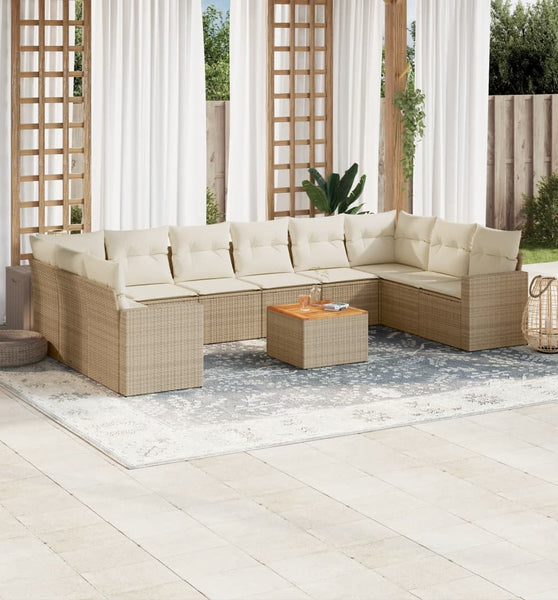 11-tlg. Garten-Sofagarnitur mit Kissen Beige Poly Rattan