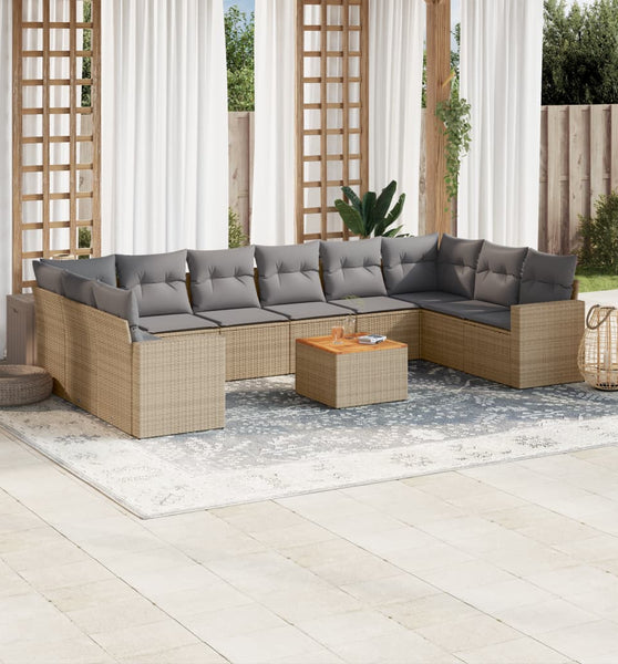 11-tlg. Garten-Sofagarnitur mit Kissen Beige Poly Rattan