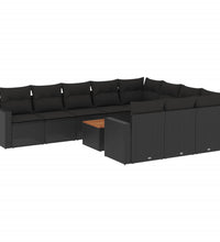 11-tlg. Garten-Sofagarnitur mit Kissen Schwarz Poly Rattan