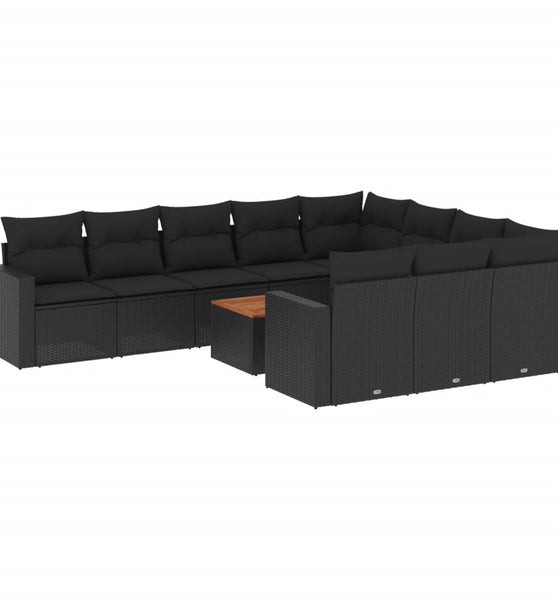 11-tlg. Garten-Sofagarnitur mit Kissen Schwarz Poly Rattan