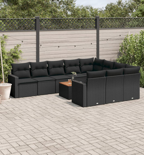 11-tlg. Garten-Sofagarnitur mit Kissen Schwarz Poly Rattan