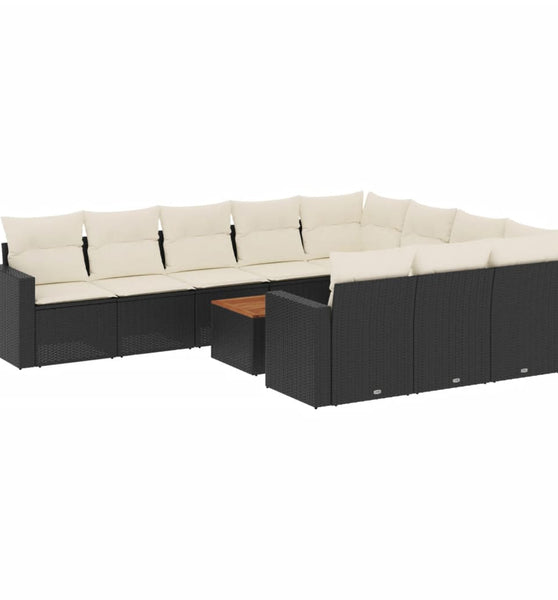 11-tlg. Garten-Sofagarnitur mit Kissen Schwarz Poly Rattan