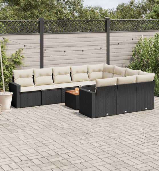 11-tlg. Garten-Sofagarnitur mit Kissen Schwarz Poly Rattan