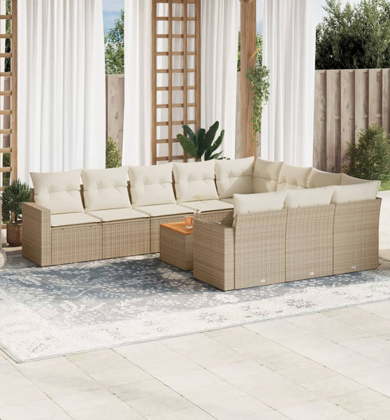 11-tlg. Garten-Sofagarnitur mit Kissen Beige Poly Rattan