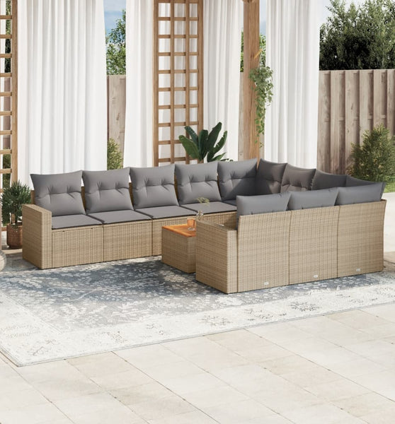 11-tlg. Garten-Sofagarnitur mit Kissen Beige Poly Rattan