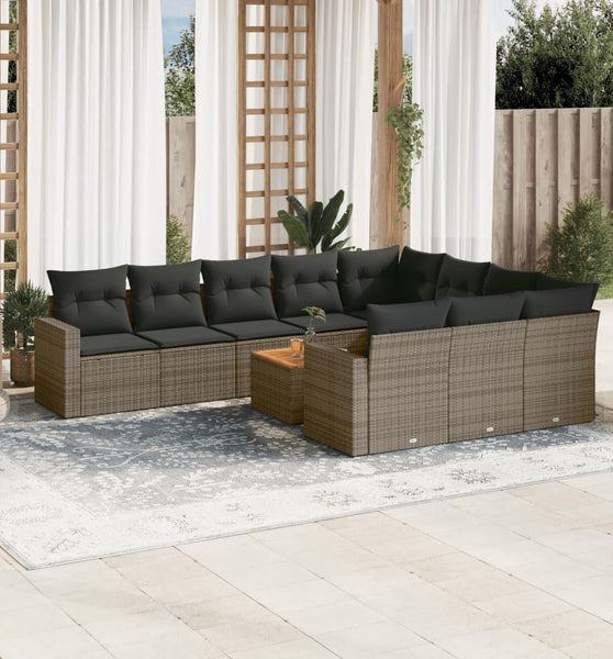 11-tlg. Garten-Sofagarnitur mit Kissen Grau Poly Rattan