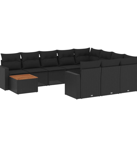 11-tlg. Garten-Sofagarnitur mit Kissen Schwarz Poly Rattan