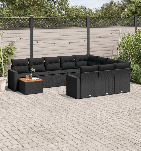 11-tlg. Garten-Sofagarnitur mit Kissen Schwarz Poly Rattan