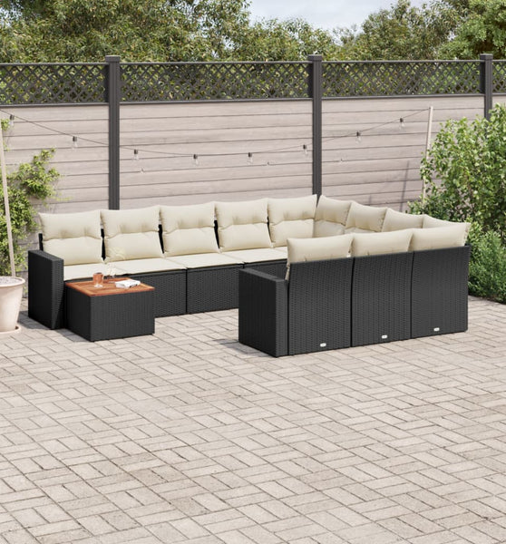 11-tlg. Garten-Sofagarnitur mit Kissen Schwarz Poly Rattan