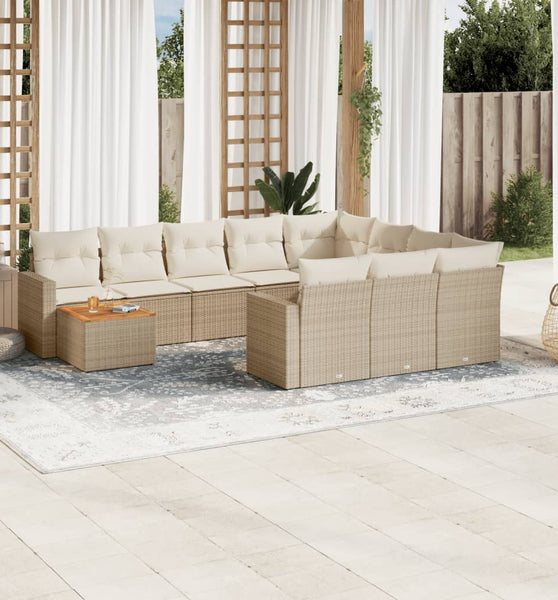 11-tlg. Garten-Sofagarnitur mit Kissen Beige Poly Rattan