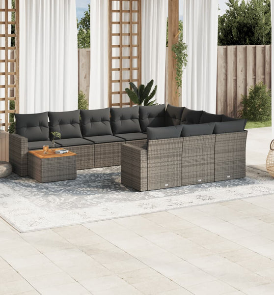 11-tlg. Garten-Sofagarnitur mit Kissen Grau Poly Rattan