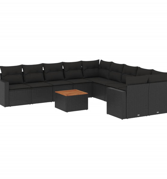 11-tlg. Garten-Sofagarnitur mit Kissen Schwarz Poly Rattan