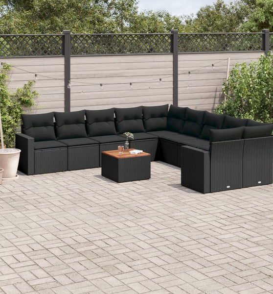 11-tlg. Garten-Sofagarnitur mit Kissen Schwarz Poly Rattan