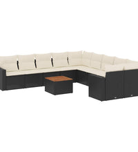 11-tlg. Garten-Sofagarnitur mit Kissen Schwarz Poly Rattan