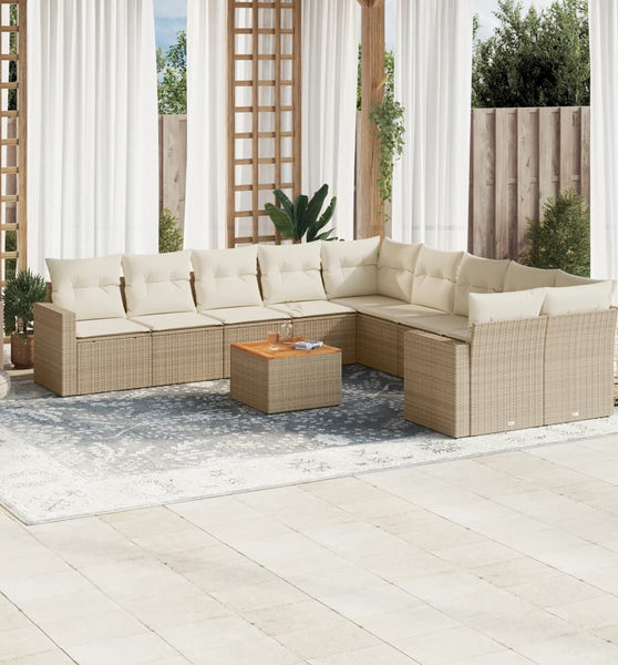 11-tlg. Garten-Sofagarnitur mit Kissen Beige Poly Rattan