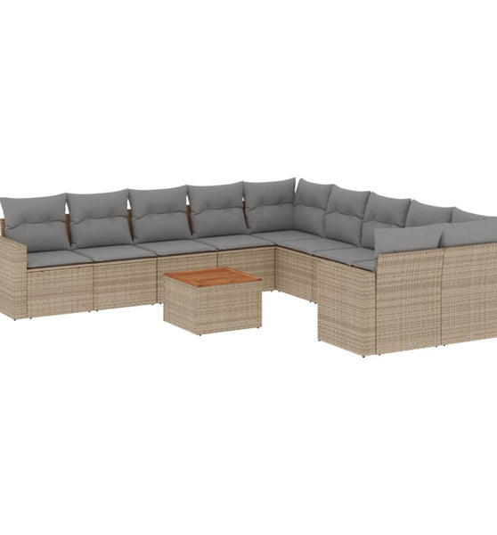 11-tlg. Garten-Sofagarnitur mit Kissen Beige Poly Rattan