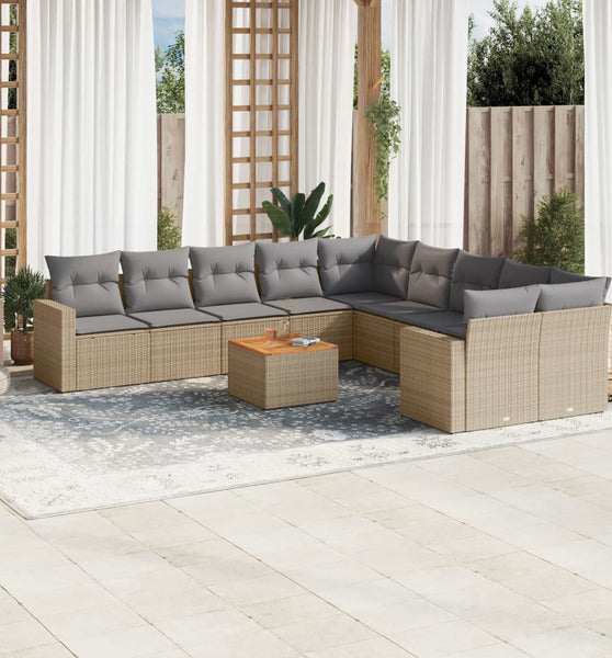 11-tlg. Garten-Sofagarnitur mit Kissen Beige Poly Rattan