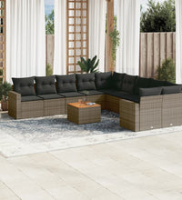 11-tlg. Garten-Sofagarnitur mit Kissen Grau Poly Rattan