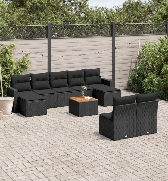 10-tlg. Garten-Sofagarnitur mit Kissen Schwarz Poly Rattan