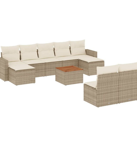 10-tlg. Garten-Sofagarnitur mit Kissen Beige Poly Rattan