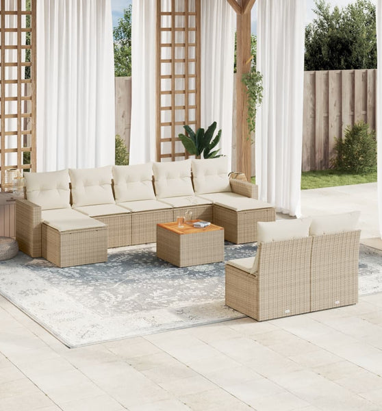 10-tlg. Garten-Sofagarnitur mit Kissen Beige Poly Rattan