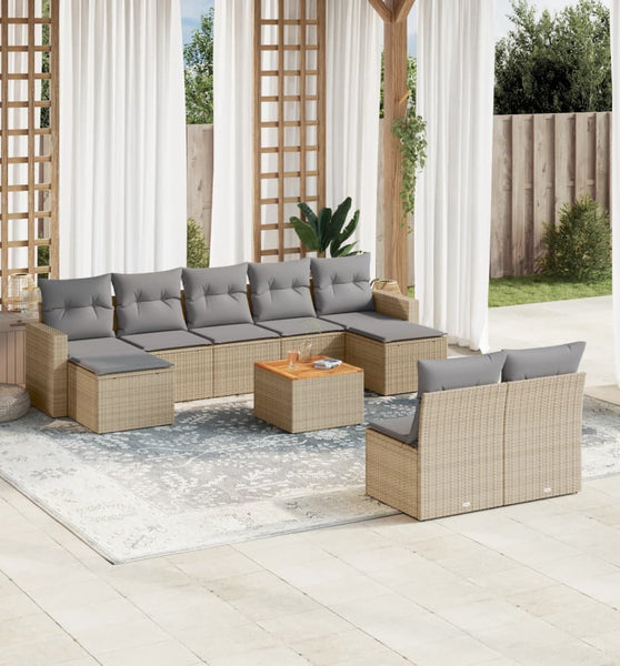 10-tlg. Garten-Sofagarnitur mit Kissen Beige Poly Rattan