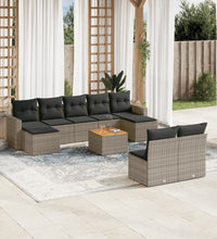 10-tlg. Garten-Sofagarnitur mit Kissen Grau Poly Rattan