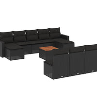 11-tlg. Garten-Sofagarnitur mit Kissen Schwarz Poly Rattan
