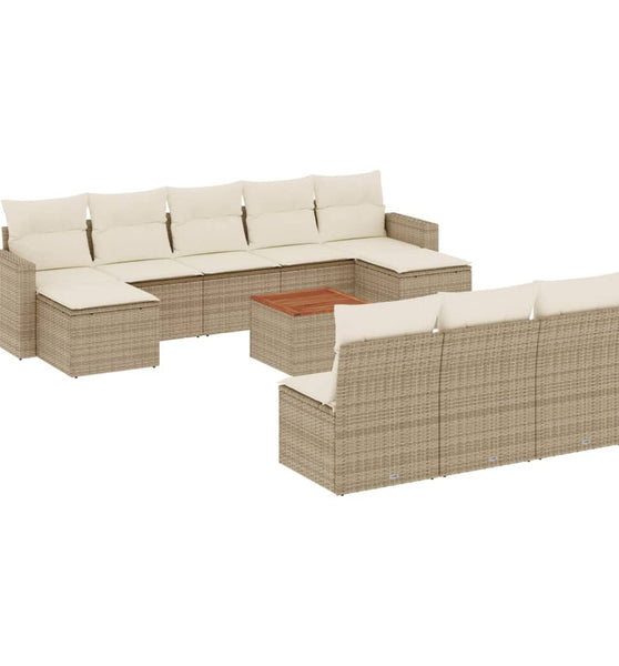 11-tlg. Garten-Sofagarnitur mit Kissen Beige Poly Rattan