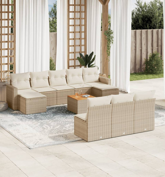 11-tlg. Garten-Sofagarnitur mit Kissen Beige Poly Rattan