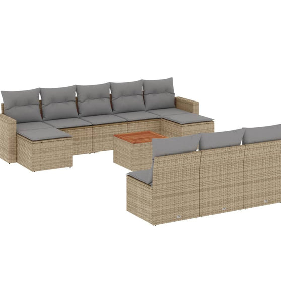 11-tlg. Garten-Sofagarnitur mit Kissen Beige Poly Rattan