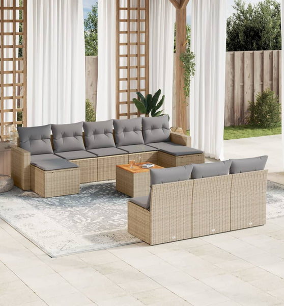 11-tlg. Garten-Sofagarnitur mit Kissen Beige Poly Rattan
