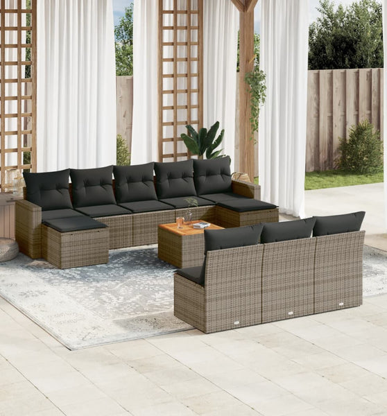 11-tlg. Garten-Sofagarnitur mit Kissen Grau Poly Rattan