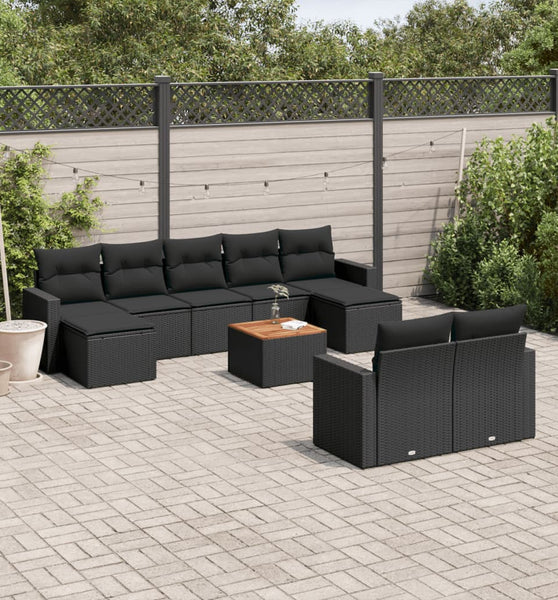 10-tlg. Garten-Sofagarnitur mit Kissen Schwarz Poly Rattan