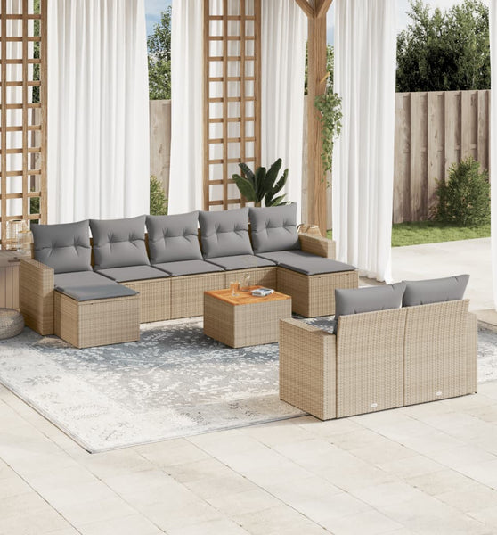 10-tlg. Garten-Sofagarnitur mit Kissen Beige Poly Rattan