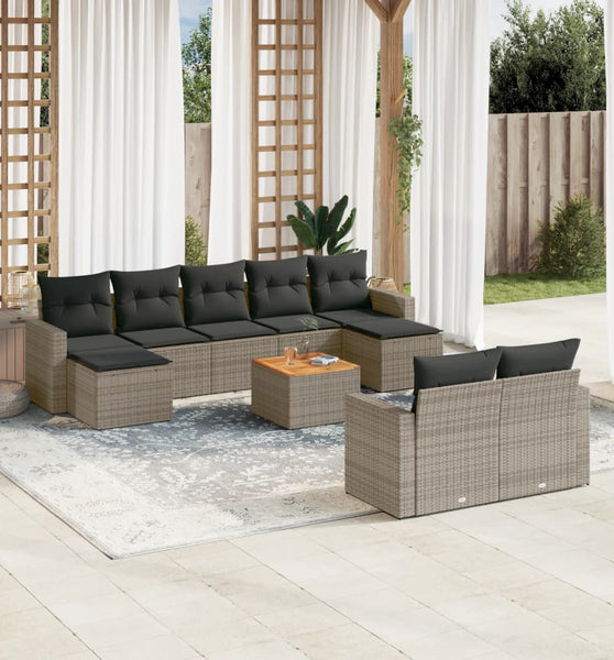 10-tlg. Garten-Sofagarnitur mit Kissen Grau Poly Rattan