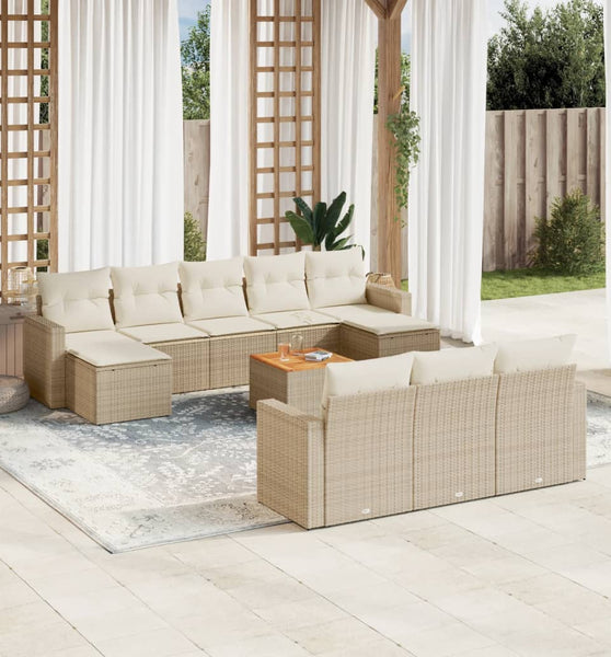 11-tlg. Garten-Sofagarnitur mit Kissen Beige Poly Rattan