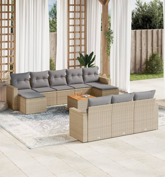 11-tlg. Garten-Sofagarnitur mit Kissen Beige Poly Rattan