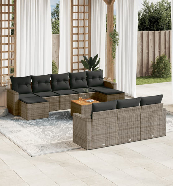 11-tlg. Garten-Sofagarnitur mit Kissen Grau Poly Rattan