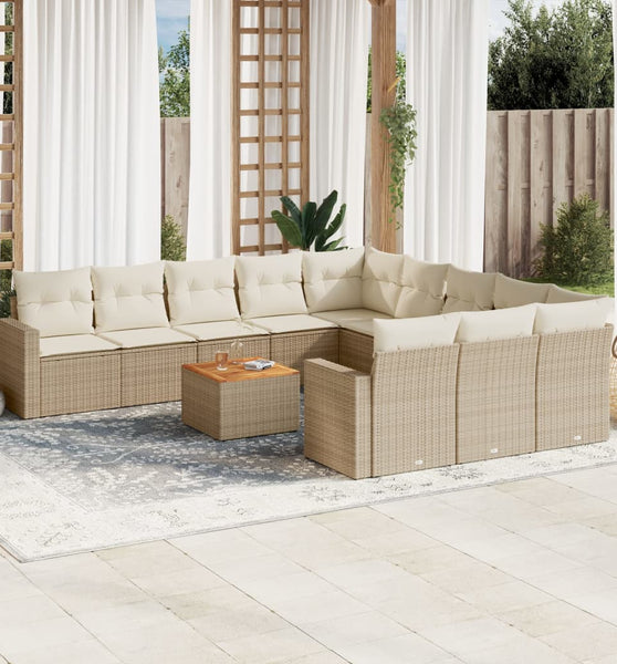 12-tlg. Garten-Sofagarnitur mit Kissen Beige Poly Rattan